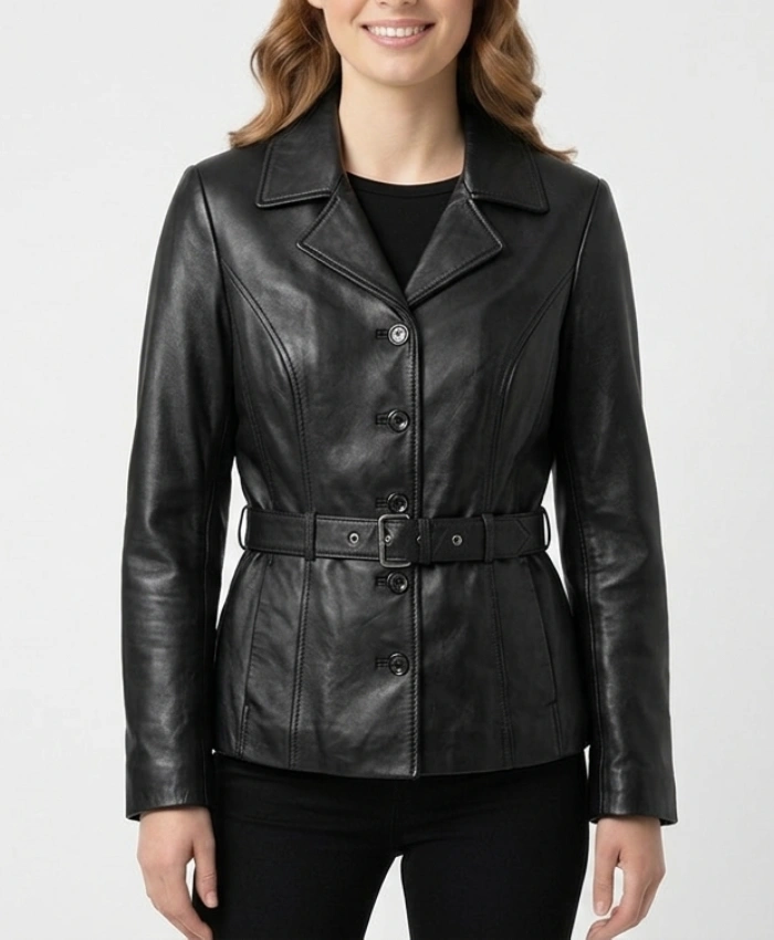 Belted Women Leather Jacket Soft Black