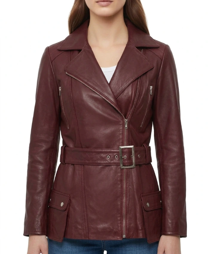 Fashion Asymmetrical Burgundy Real Leather Biker Jacket