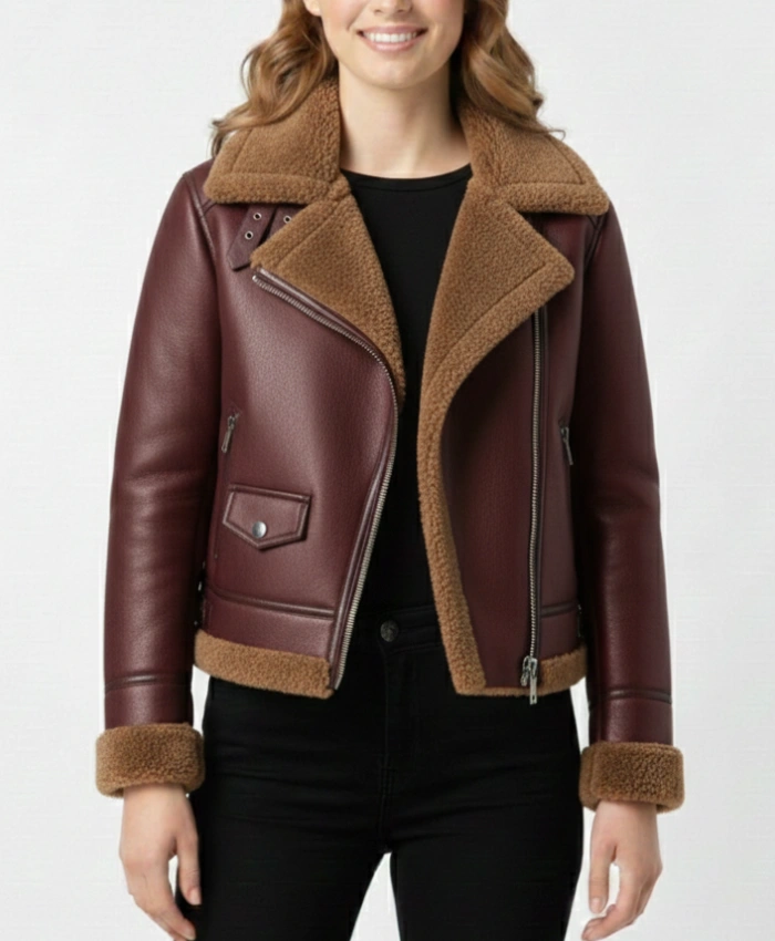 Womens Maroon Leather Bomber Jacket with Fur