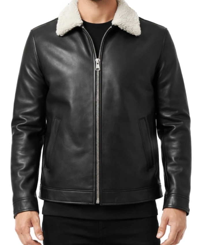 Men's Ravion Shearling Collar Zip-Up Leather Jacket